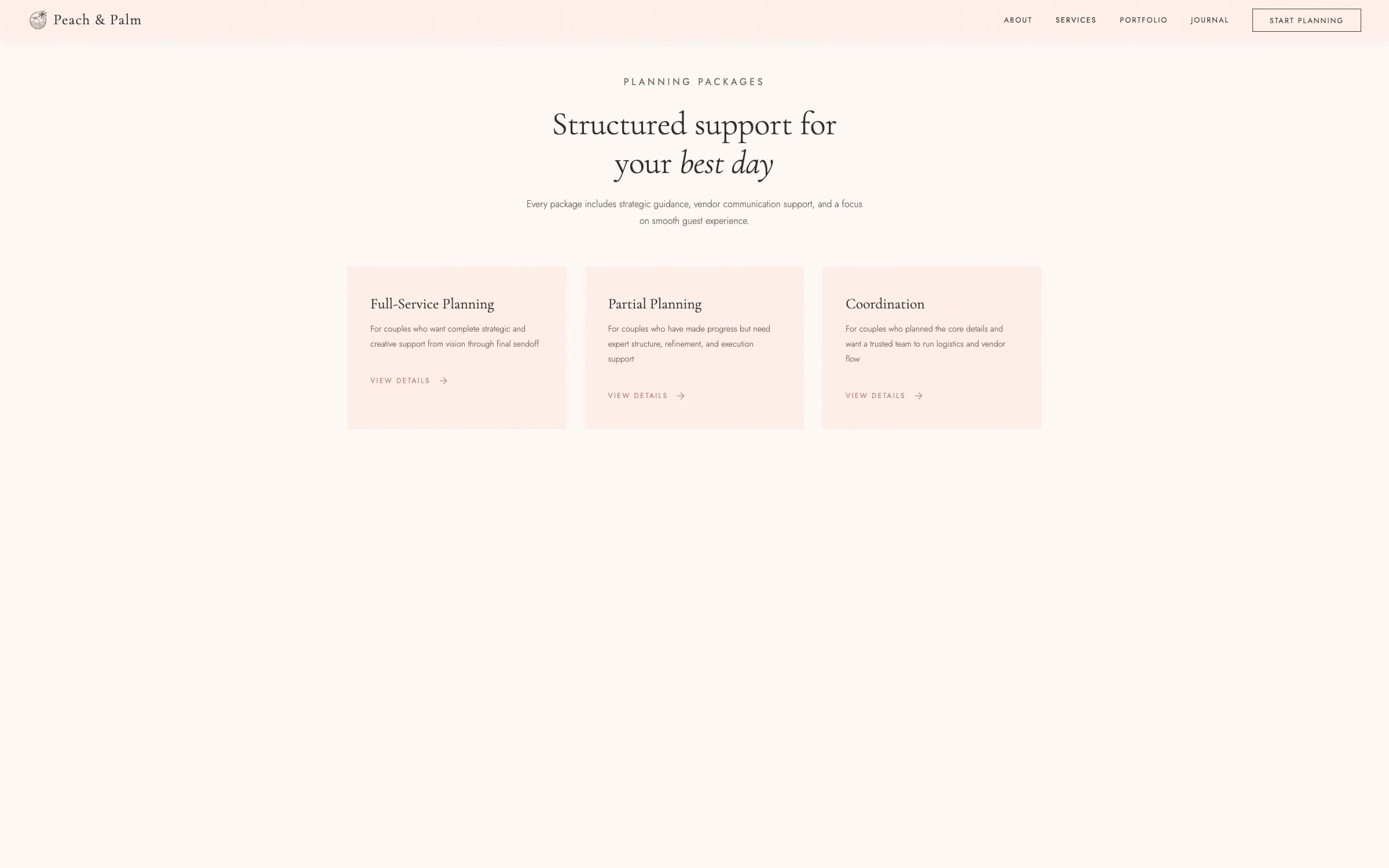 Peach & Palm wedding-planning services page